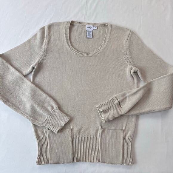 Calvin Klein Vintage Cotton Knit Beige Sweater women’s size medium Pockets - Picture 1 of 6